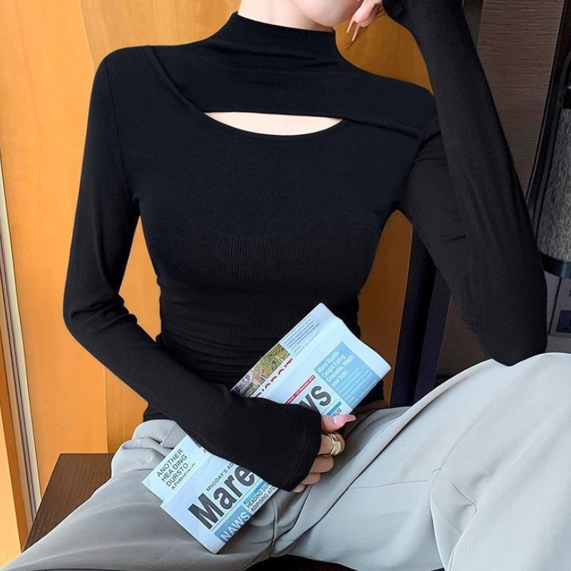 長袖鏤空微高領針織上衣 網美感鏤空設計 修身顯瘦 彈性親膚