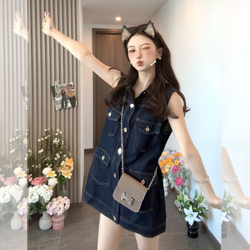 復古牛仔無袖背心洋裝 寬鬆直筒設計 韓系休閒款