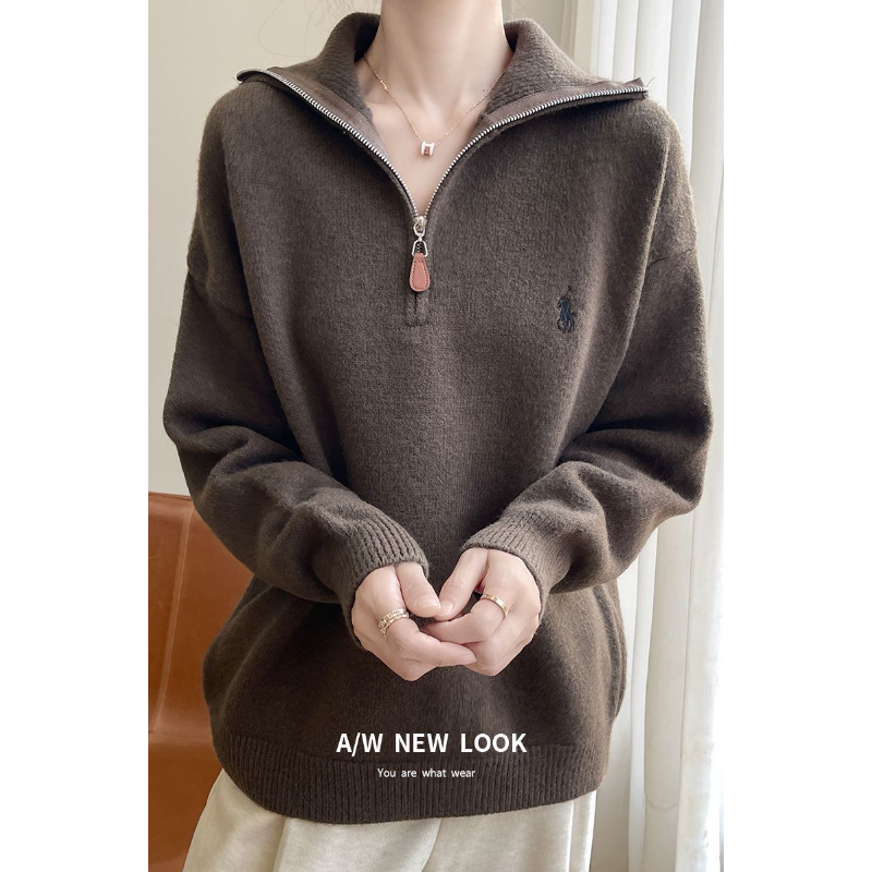 拉鏈翻領針織上衣 寬鬆設計 秋冬必備