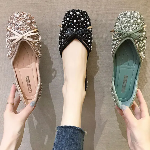 3色 35-43/ 韓版蝴蝶結淺口單鞋 珍珠水鑽平底鞋