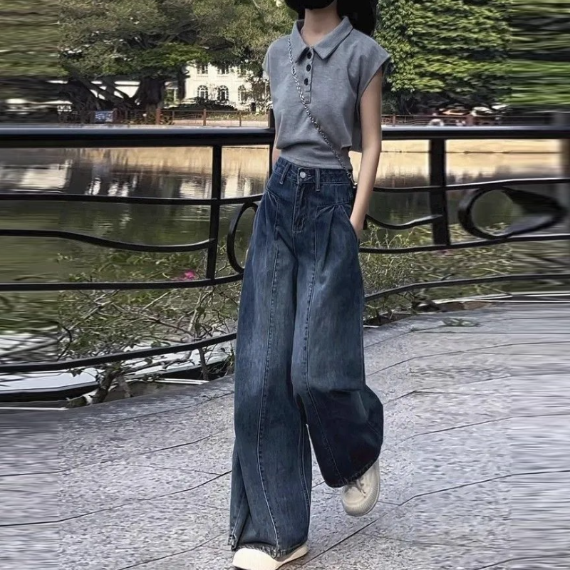藍色港風復古牛仔寬褲 寬鬆直筒 垂墜感拖地長褲 顯瘦