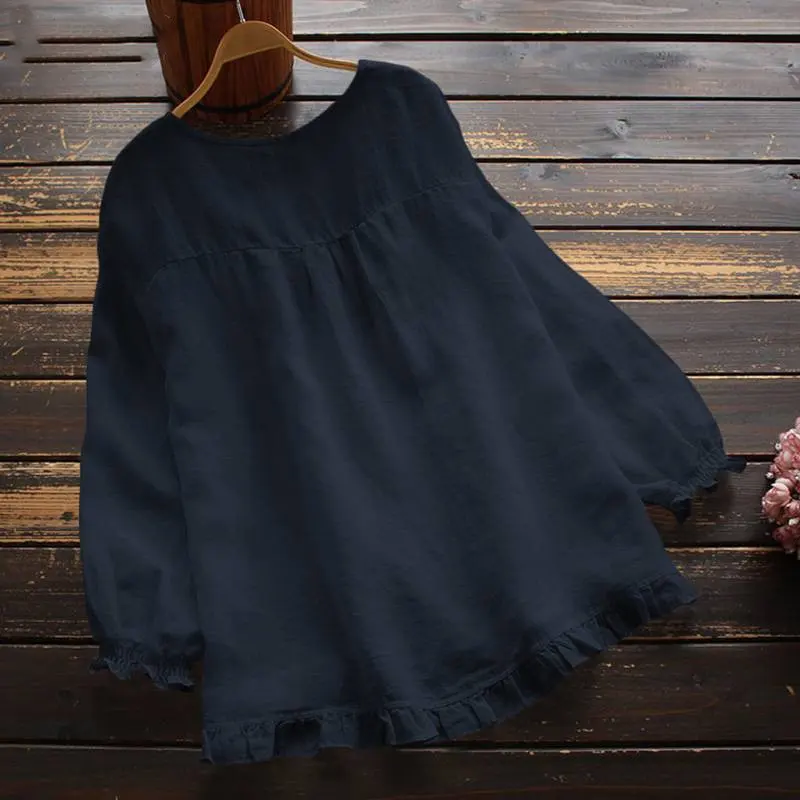 甜美荷葉邊棉麻衬衣-寬鬆舒適 展現優雅氣質