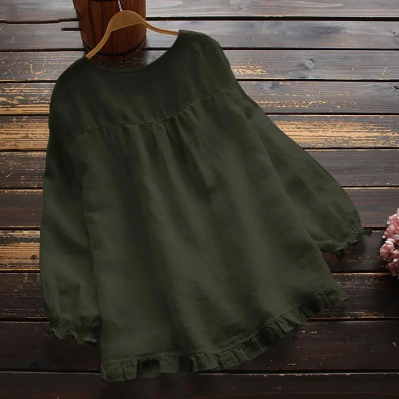 甜美荷葉邊棉麻衬衣-寬鬆舒適 展現優雅氣質