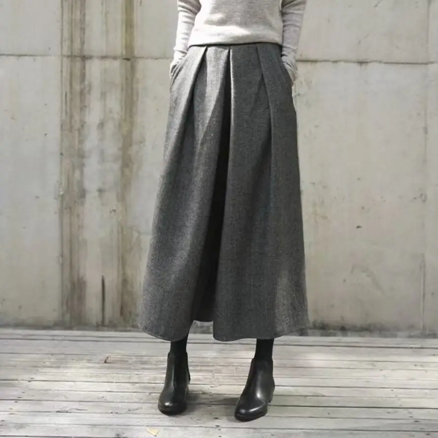秋冬毛呢寬版裙褲 鬆緊腰九分休閒寬褲