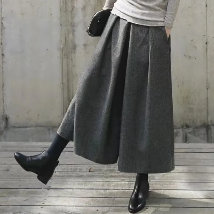 秋冬毛呢寬版裙褲 鬆緊腰九分休閒寬褲