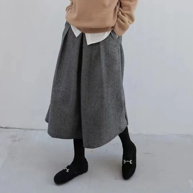 秋冬毛呢寬版裙褲 鬆緊腰九分休閒寬褲