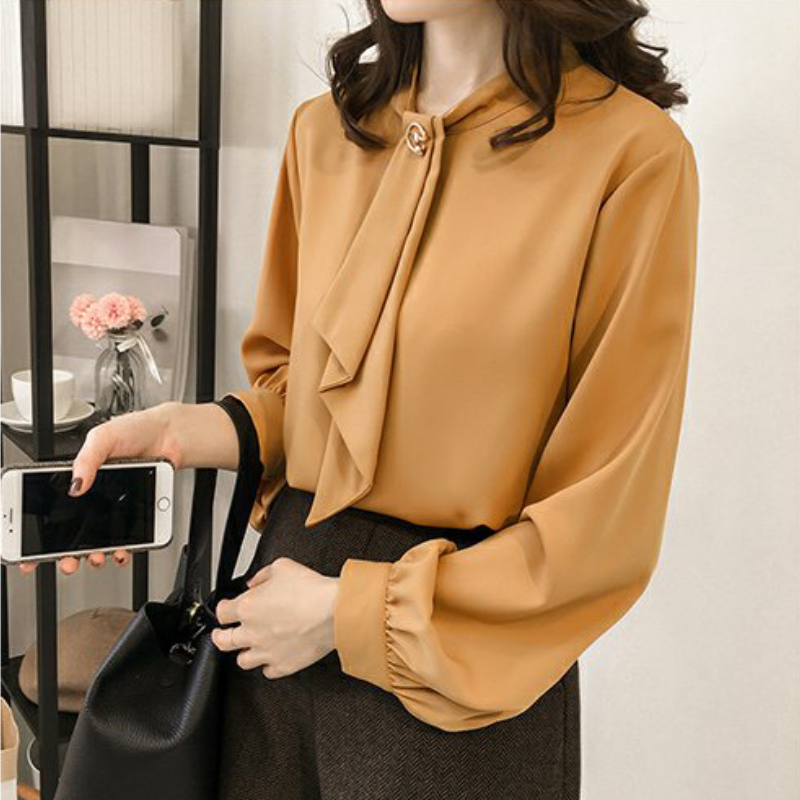 韓版燈籠袖氣質優雅襯衫-秋季通勤純色寬鬆大尺碼長袖上衣