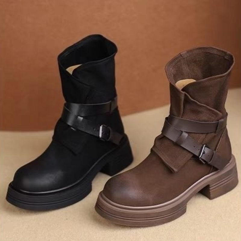 法式復古馬丁靴-秋冬新款厚底軟皮短靴 側拉鍊設計