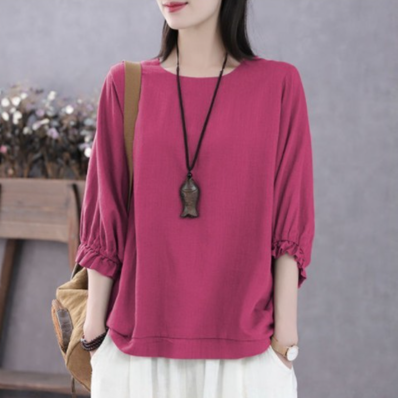 寬鬆五分袖上衣 春夏秋棉質 圓領縮口蓬袖 顯瘦百搭 外穿好搭
