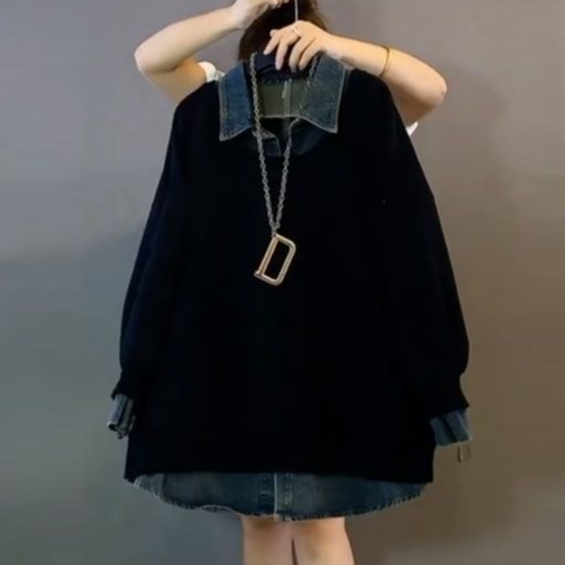 大尺碼牛仔領拼接大學T 休閒寬版POLO領上衣 遮肉顯瘦