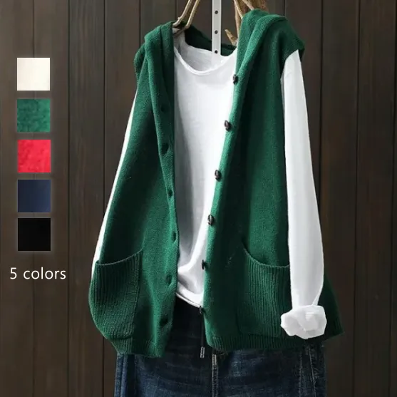 文藝連帽針織背心-秋冬寬鬆休閒雙口袋無袖外穿設計