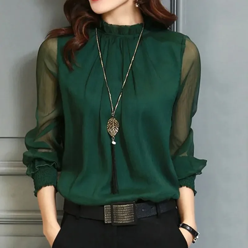 荷葉邊蕾絲雪紡衫-網紗長袖大尺碼打底襯衫 優雅百搭上衣