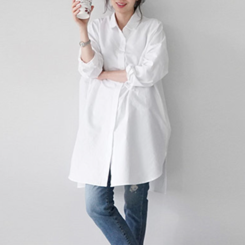 韓系純棉寬鬆版型條紋罩衫襯衫 過膝藏肉剪裁 慵懶風寬袖翻領上衣外套