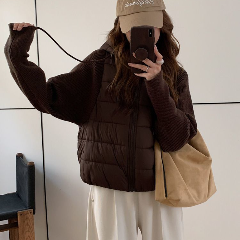 針織拼接連帽鋪棉外套 短版輕量 保暖不臃腫（小個子友善）