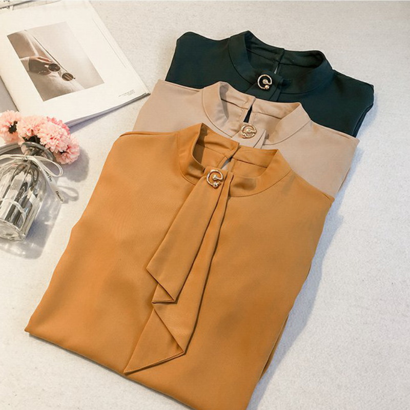 韓版燈籠袖氣質優雅襯衫-秋季通勤純色寬鬆大尺碼長袖上衣