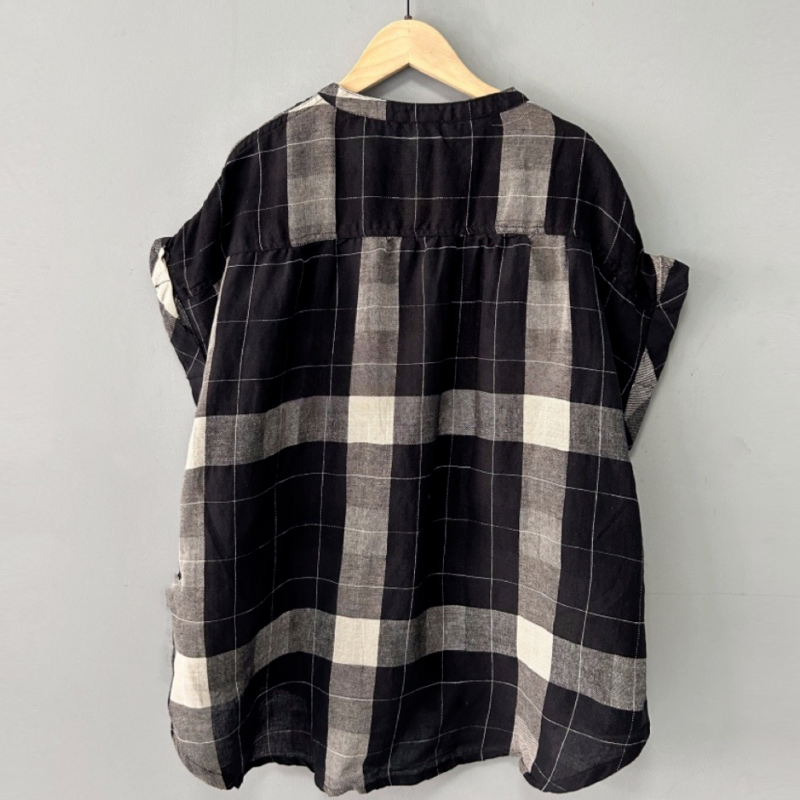 棉麻撞色格子短袖襯衫 寬鬆大尺碼簡約復古款