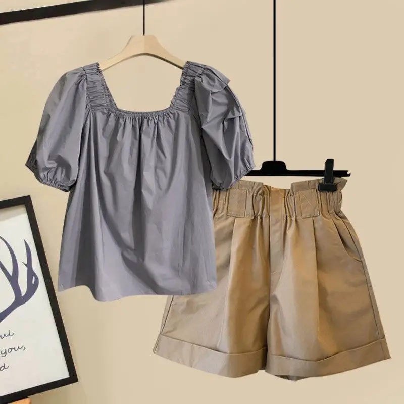 【單品可選】方領寬鬆泡泡袖襯衫+寬鬆高腰顯瘦工裝短褲套裝