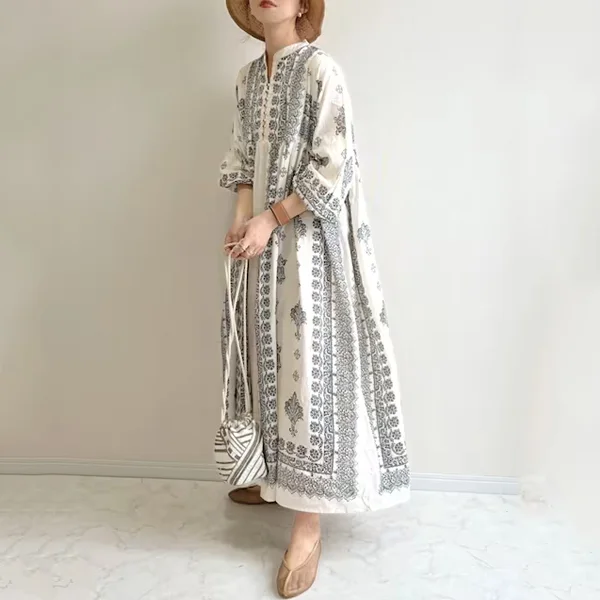 日系慵懶風五分袖印花連身裙 休閒洋裝渡假風