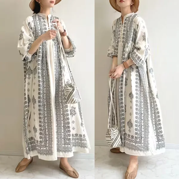 日系慵懶風五分袖印花連身裙 休閒洋裝渡假風