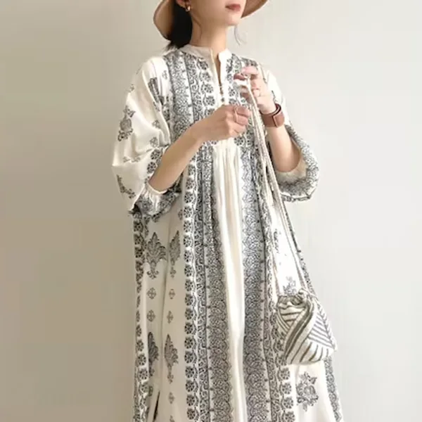 日系慵懶風五分袖印花連身裙 休閒洋裝渡假風