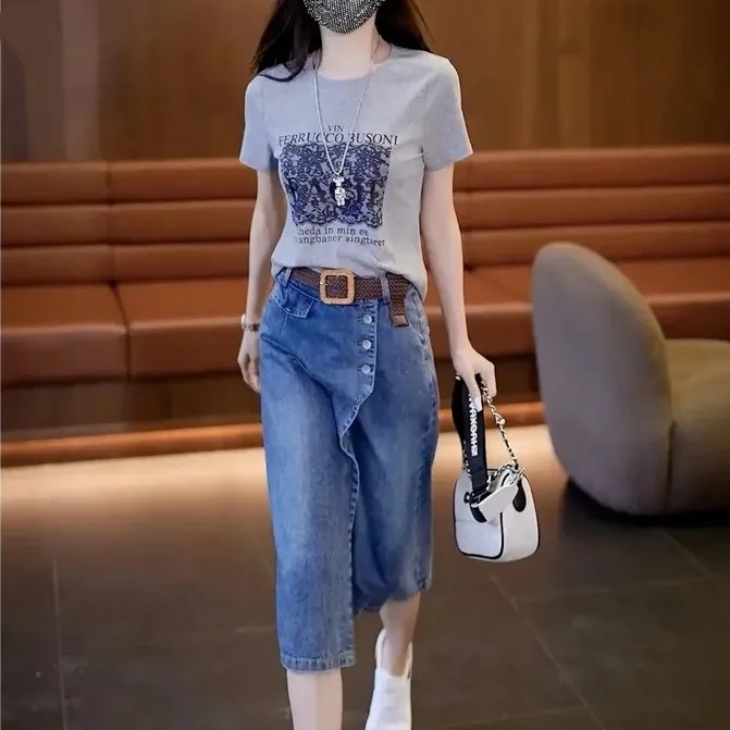 簡約·素面韓版高腰Ａ字中長款牛仔褲裙 休閒牛仔寬褲 半身裙(不含腰帶)