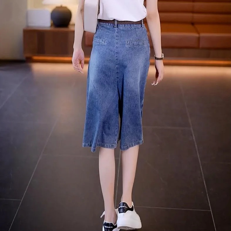 簡約·素面韓版高腰Ａ字中長款牛仔褲裙 休閒牛仔寬褲 半身裙(不含腰帶)
