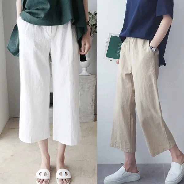 經典 時尚 休閑 亞麻 素面 耐久性 寬鬆 顯瘦 顯腿長 寬鬆感 紐扣 九分褲 休閒褲 褲子