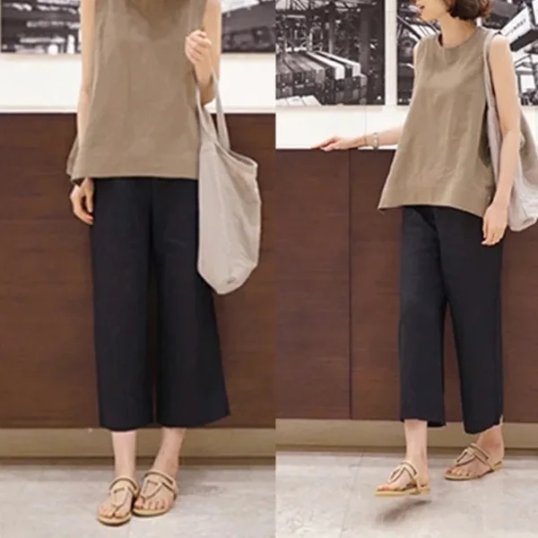 經典 時尚 休閑 亞麻 素面 耐久性 寬鬆 顯瘦 顯腿長 寬鬆感 紐扣 九分褲 休閒褲 褲子