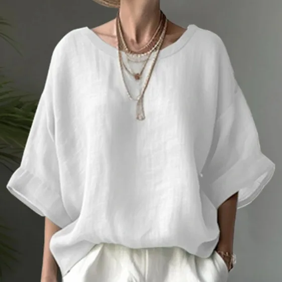 寬鬆大碼棉麻襯衫 純色舒適休閒圓領 棉麻落肩顯瘦女式大碼襯衫