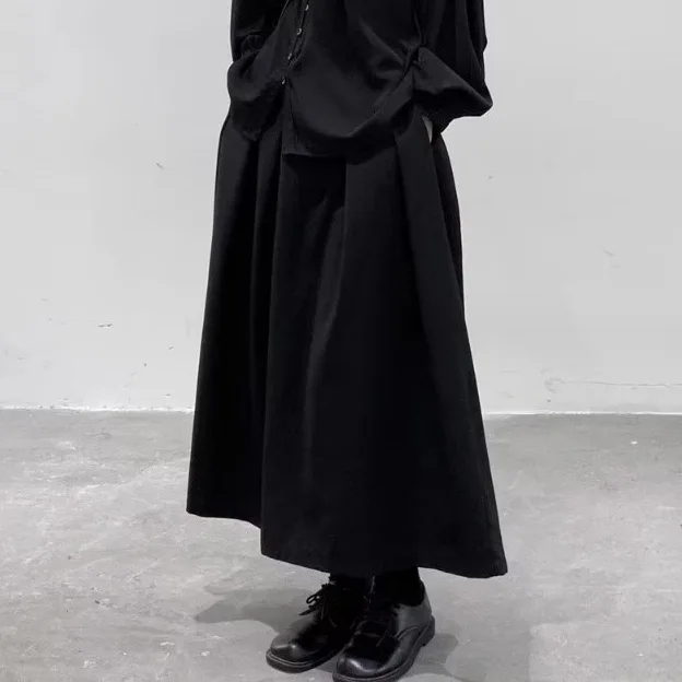 暗黑風寬鬆高腰裙褲-日系風九分寬版休閒褲