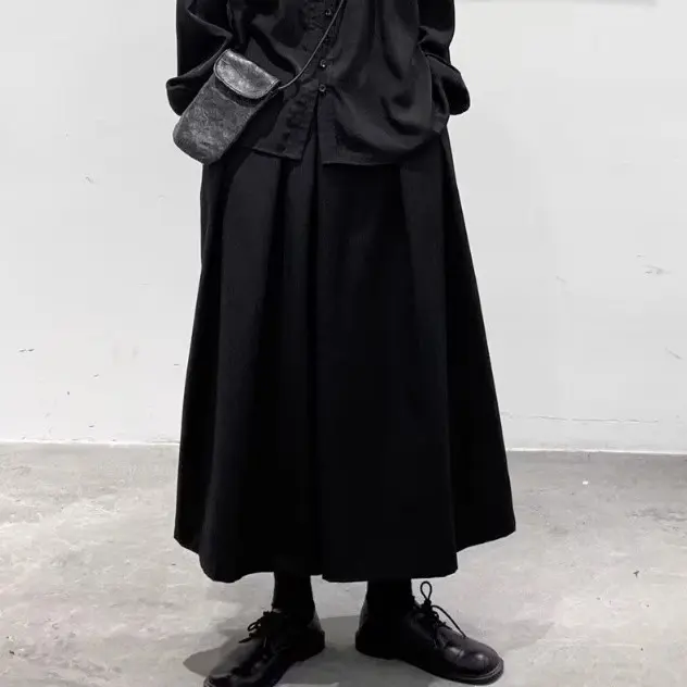 暗黑風寬鬆高腰裙褲-日系風九分寬版休閒褲