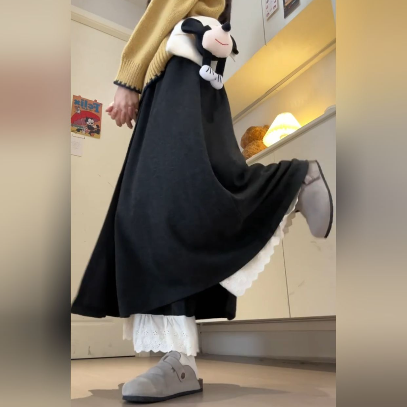 深灰蕾絲拼接褲裙 闊腿垂墜感 嬌小友善 秋季新款