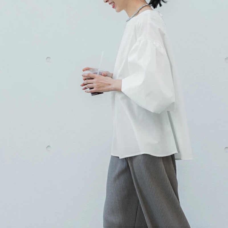 樂天新款 日韓寬鬆大版棉質襯衫 超大燈籠袖圓領五分袖上衣