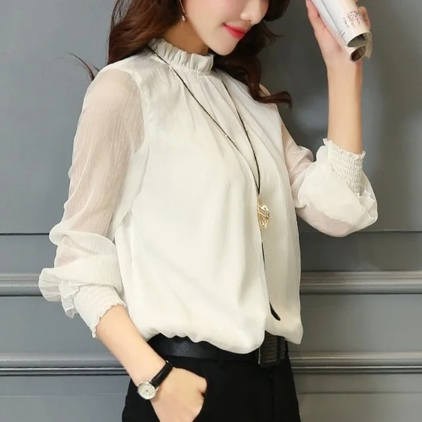 荷葉邊蕾絲雪紡衫-網紗長袖大尺碼打底襯衫 優雅百搭上衣