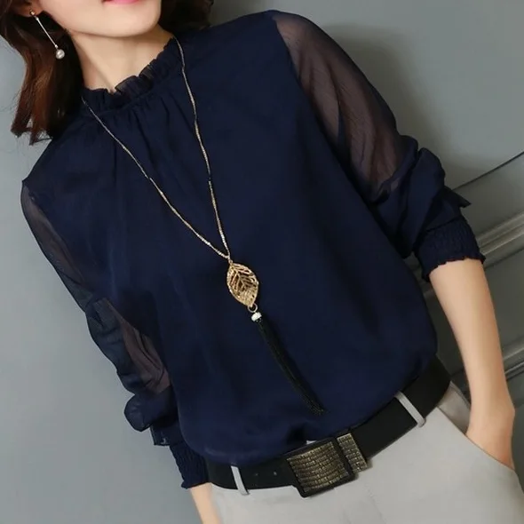 荷葉邊蕾絲雪紡衫-網紗長袖大尺碼打底襯衫 優雅百搭上衣