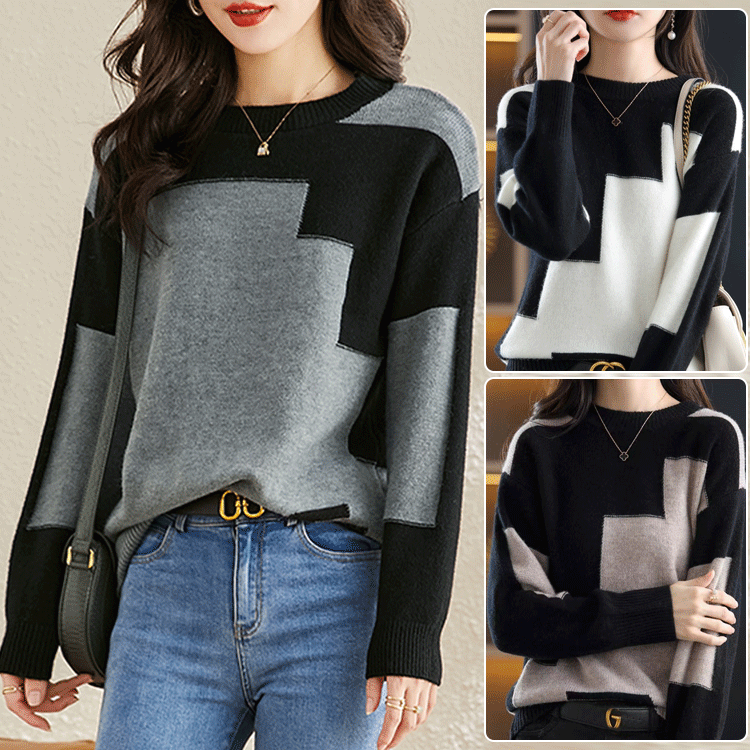 軟糯圓領拼色短板寬鬆針織上衣