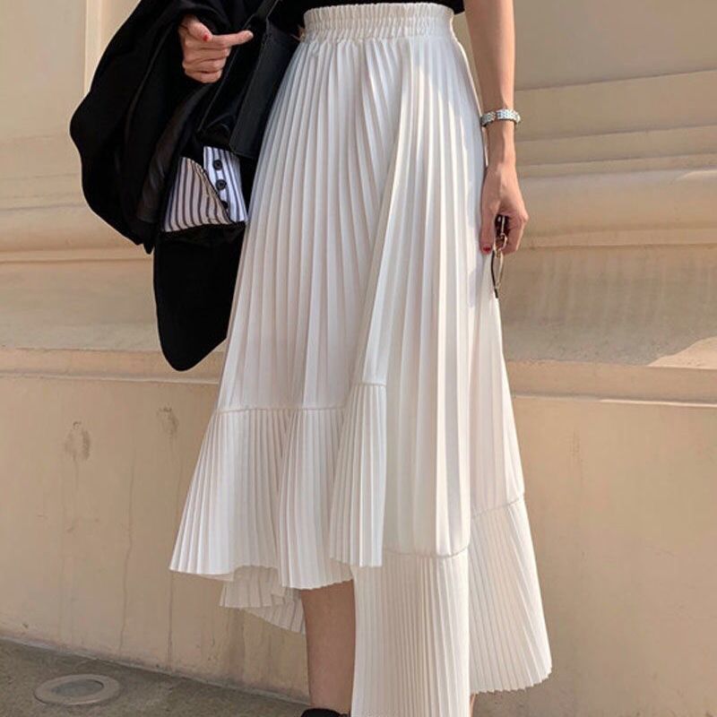 不對稱下擺高腰中長裙 清新時髦 設計感顯瘦 好搭