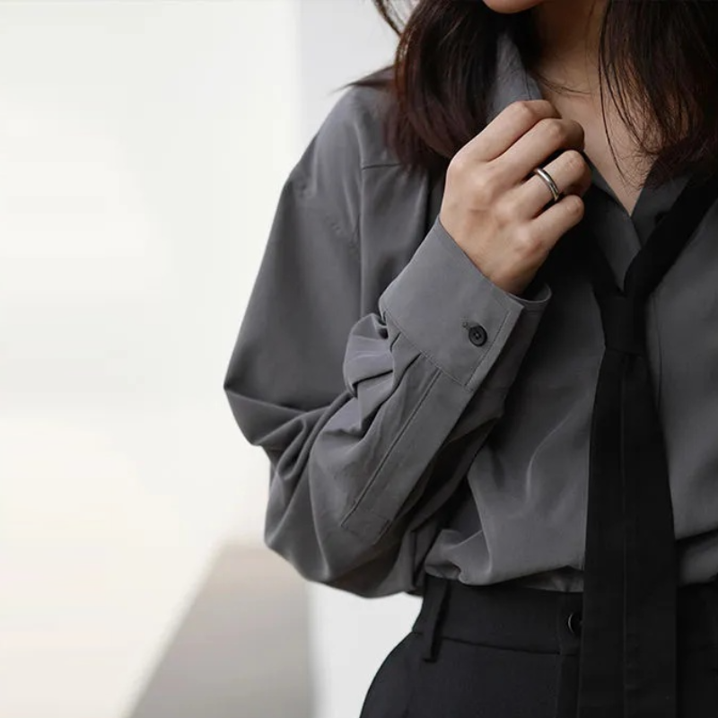 韓國春夏慵懶風寬鬆版型襯衫 小眾領帶設計（配領帶）