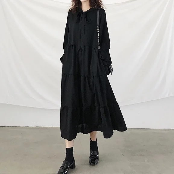法式復古通勤小黑裙-寬鬆氣質桔梗裙 溫柔風秋季連身裙