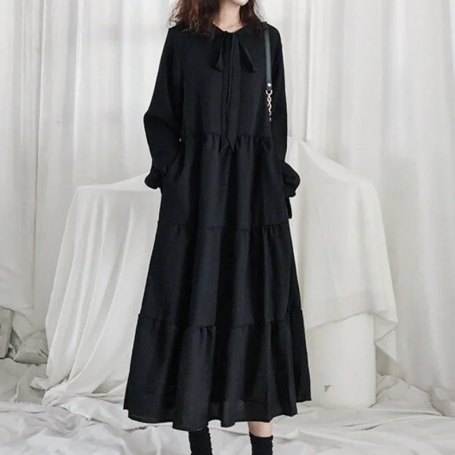 法式復古通勤小黑裙-寬鬆氣質桔梗裙 溫柔風秋季連身裙