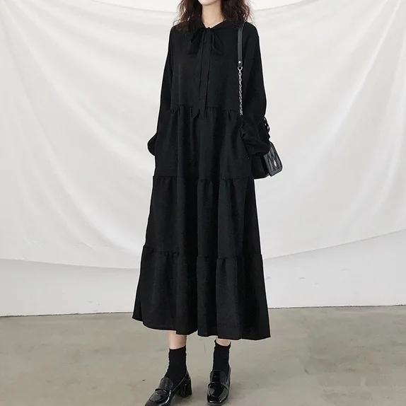 法式復古通勤小黑裙-寬鬆氣質桔梗裙 溫柔風秋季連身裙