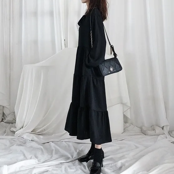 法式復古通勤小黑裙-寬鬆氣質桔梗裙 溫柔風秋季連身裙