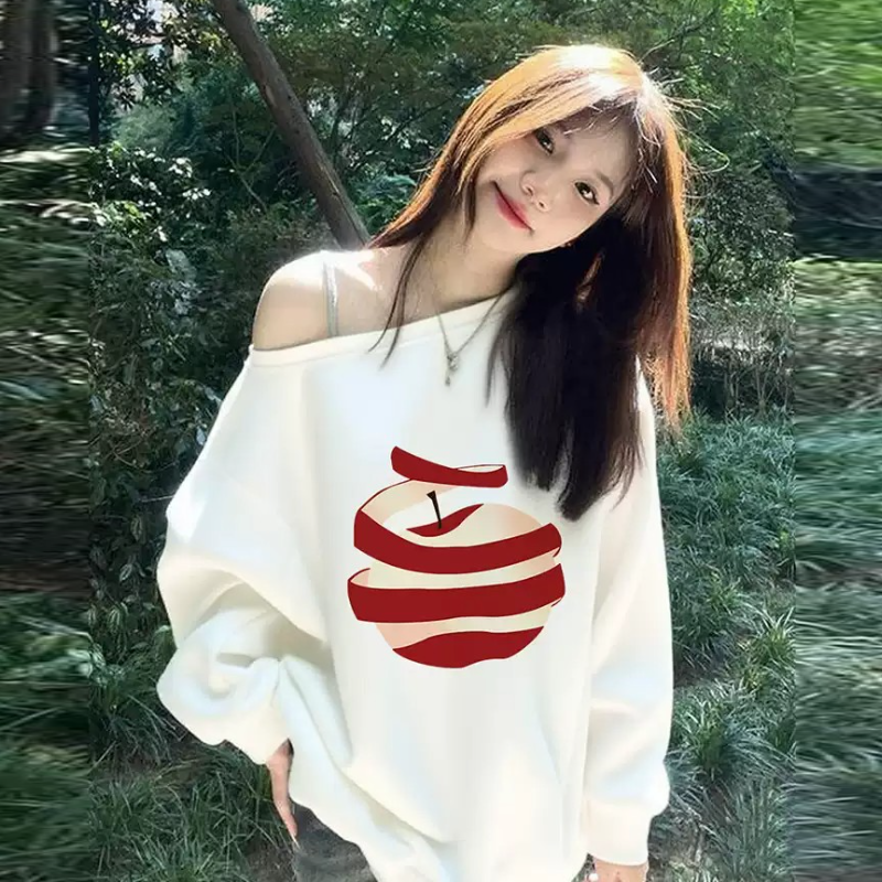 純棉斜肩假兩件長袖T恤 秋季寬鬆 設計感印花 不對稱露肩 百搭