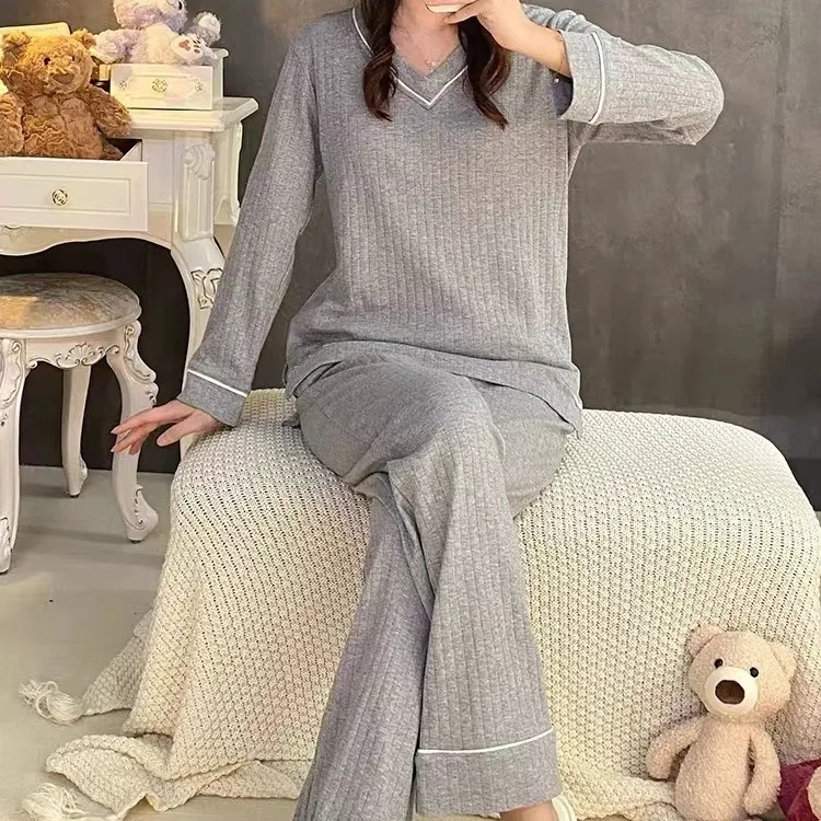 春秋款女士長袖條紋睡衣套裝清新風格家居服