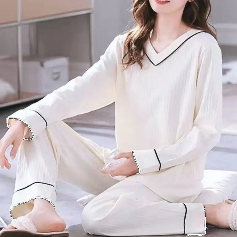 春秋款女士長袖條紋睡衣套裝清新風格家居服