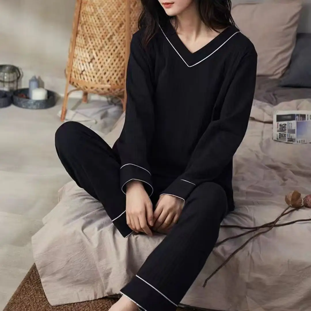 春秋款女士長袖條紋睡衣套裝清新風格家居服