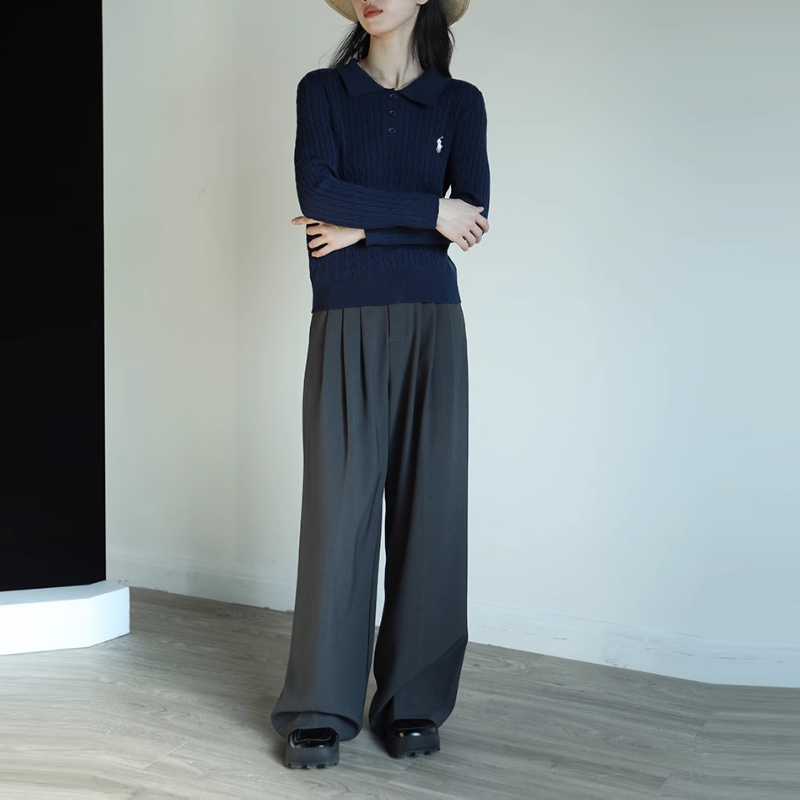 復古灰色翻領刺繡針織衫 通勤麻花毛衣顯瘦上衣