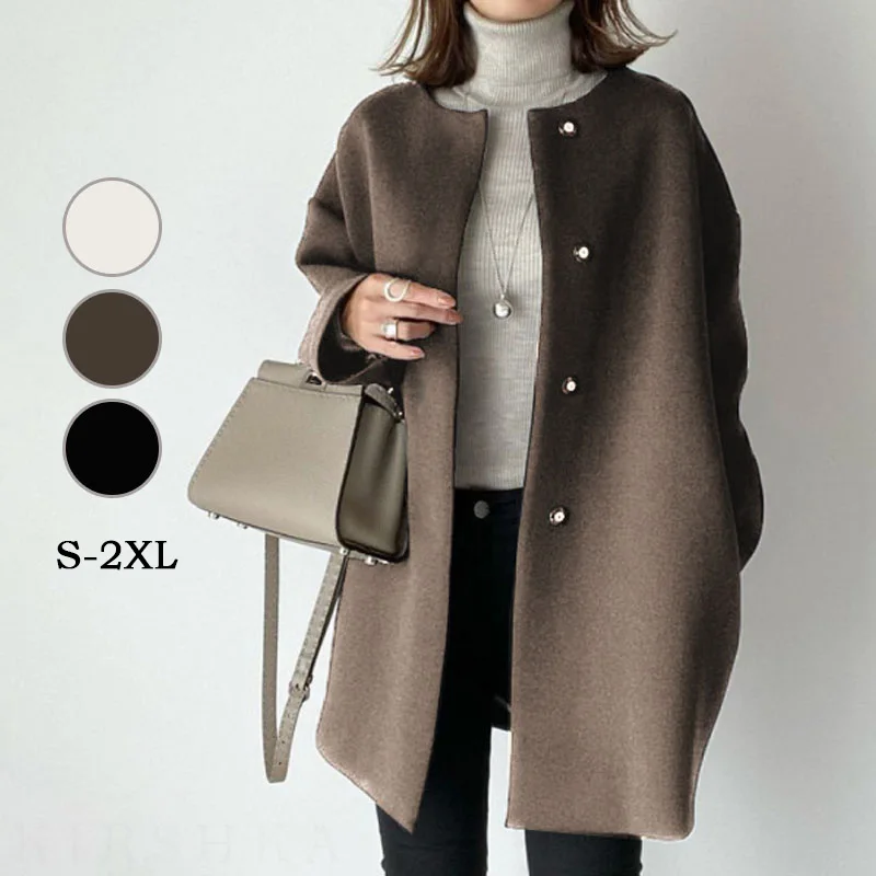 日系直筒大衣女 秋冬氣質純色簡約呢料外套