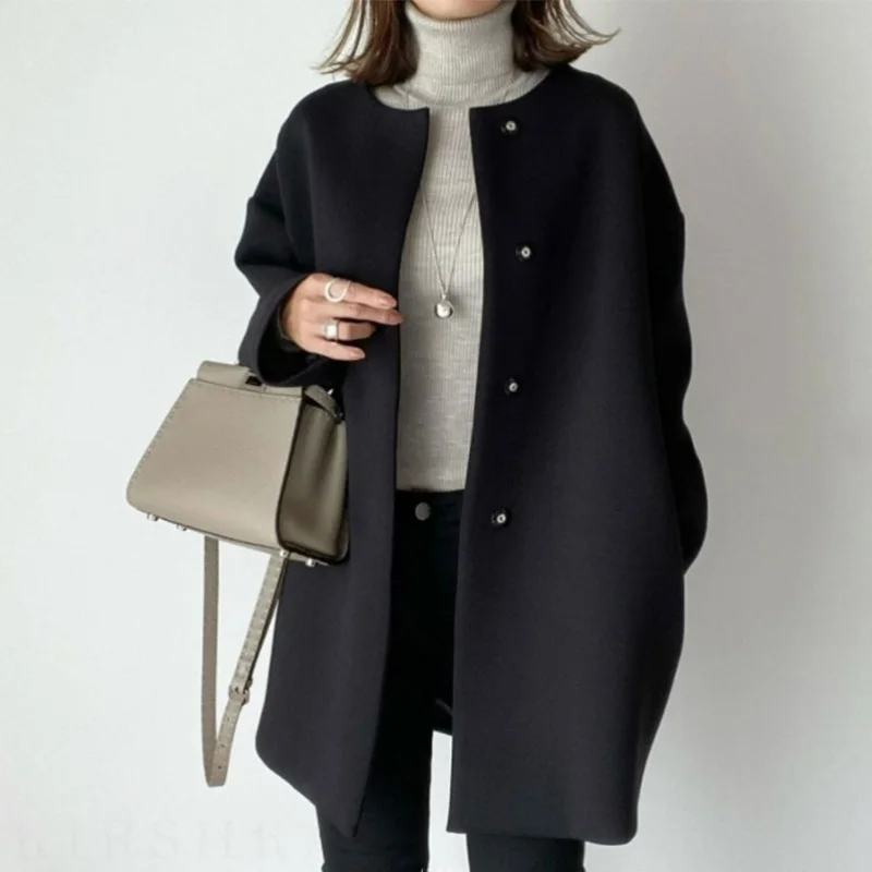日系直筒大衣女 秋冬氣質純色簡約呢料外套