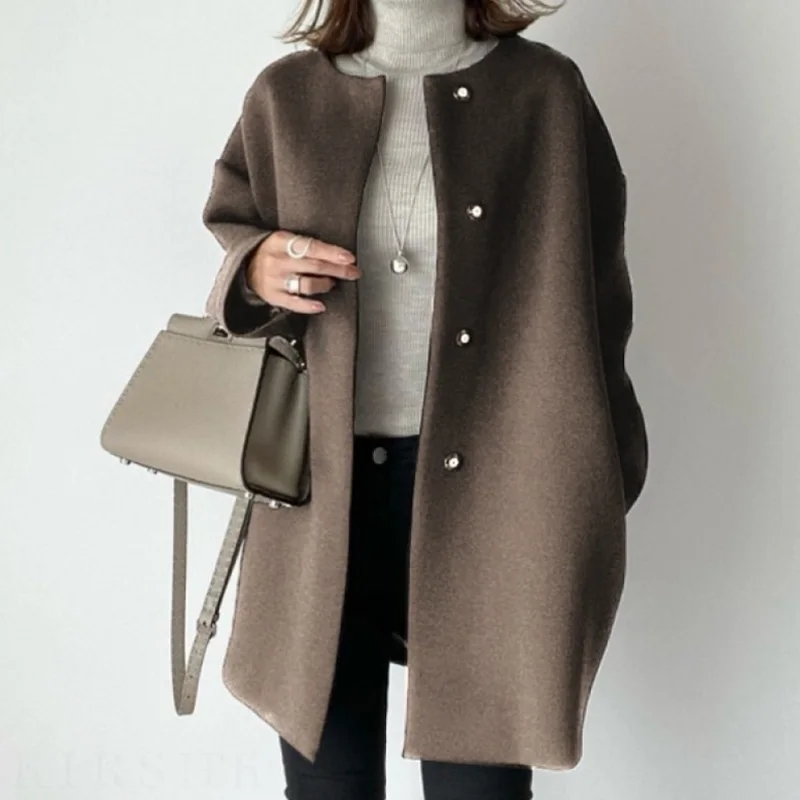 日系直筒大衣女 秋冬氣質純色簡約呢料外套